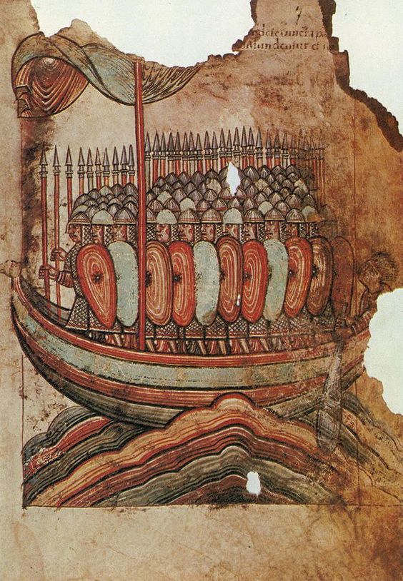 Els vikings assalten les costes de Gueránde, a la Bretanya, el 919. Manuscrit de "La vie de Saint Aubin", de l'abadia d'Angers.